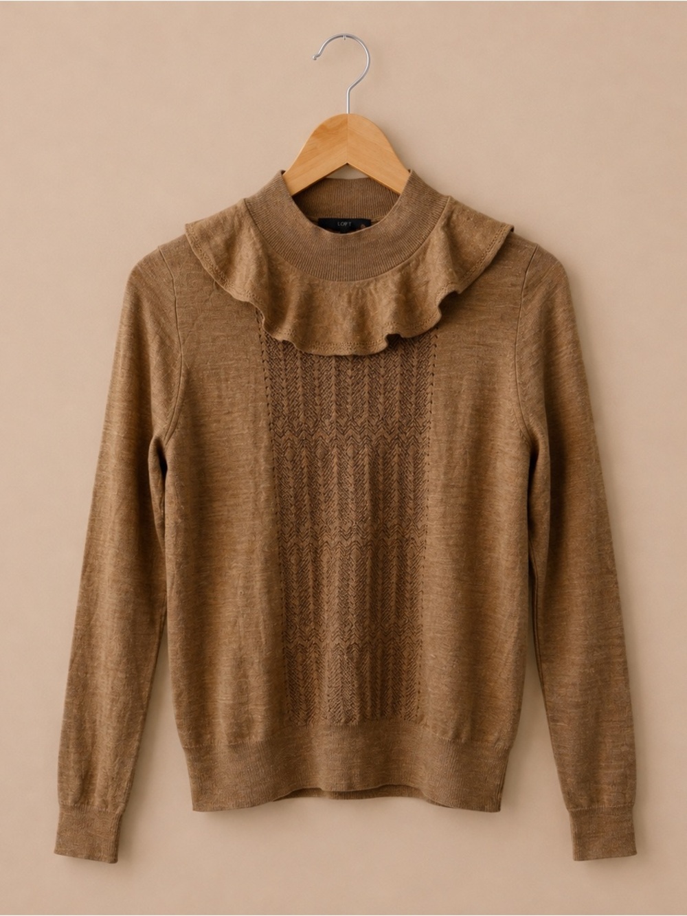 J.Crew Ruffle Neck Merino Wool Sweater | Medium | Camel Mock Neck